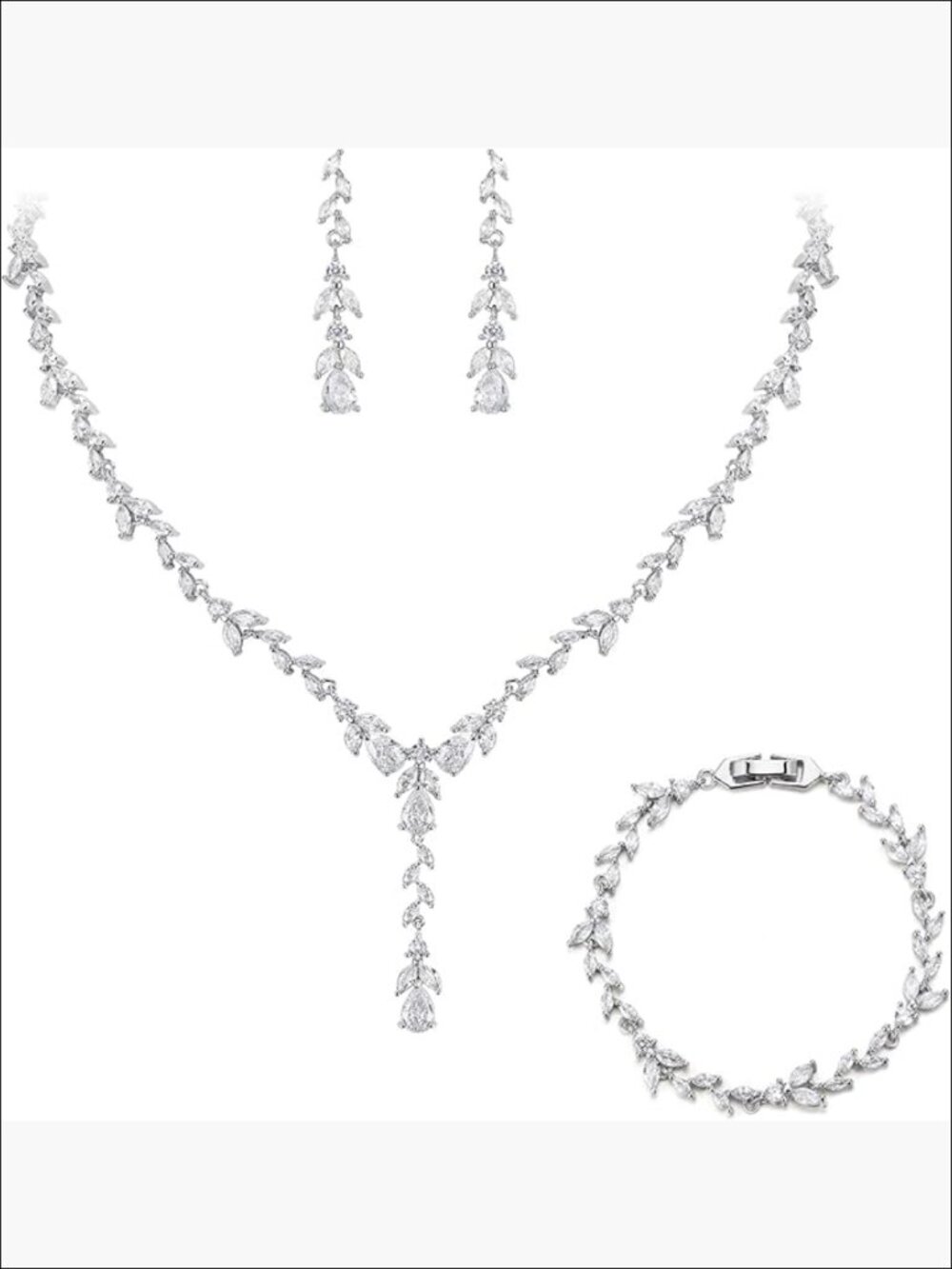 White Gold-Plated Brass Cubic Zirconia Bridal Jewelry Set with Y-Necklace